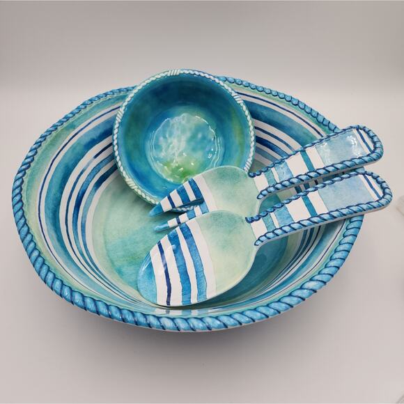 Salad Serving Set Cynthia Coulter Nautical Ocean Seaside Blue Stripes July 4th - Picture 15 of 15
